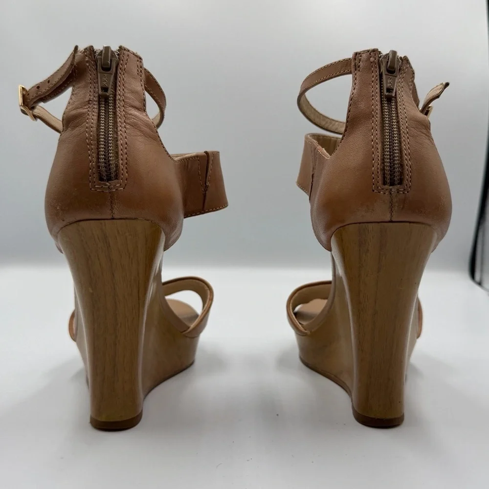 Seychelles Leather Tan Boho Wooden Wedge Strappy Buckle Open Toe Platform Heel 8